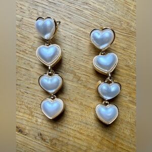 Gold and white pearl four-heart drop earrings